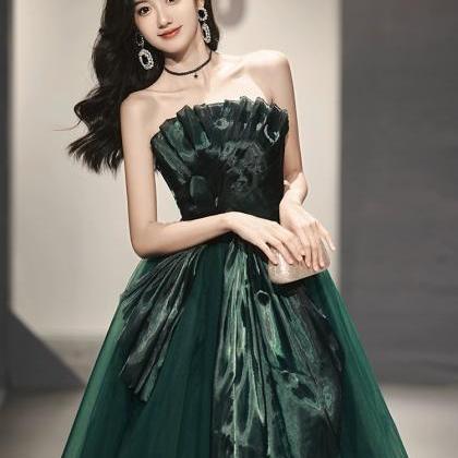 Strapless Evening Dress, Light Luxury Prom Dress, Dark Green Noble ...