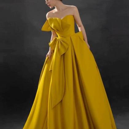 Simple Strapless Yellow Prom Dress, Bow Elegant..