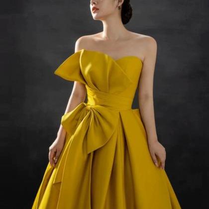 Simple Strapless Yellow Prom Dress, Bow Elegant..