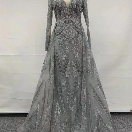 Classic V-Neck Beaded Long Sleeve Gown main image 0