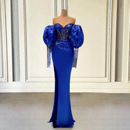 Elegant Off the Shoulder A-line Beading Royal Blue Evening Prom Dress Online, OL089