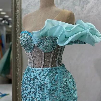 Sparkle Beaded Gray Off the shoulder Flowers  Evening Dresses