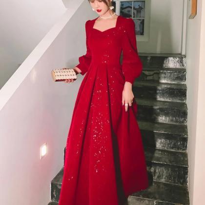 Red Sequin Evening Gown With Puff Sleeves on Luulla
