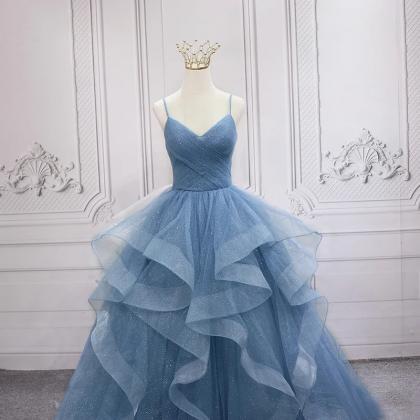 Spaghetti Strap Gown with Boned Corset Bodice Blue