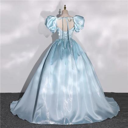 Satin Blue Puff Sleeve Ball Gown Dress on Luulla