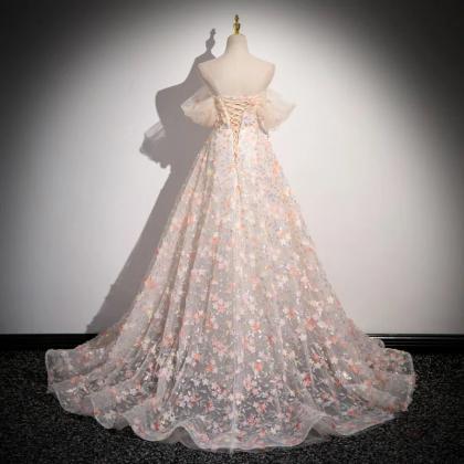 Floral Lace Gown With Sheer Puff Sleeves on Luulla