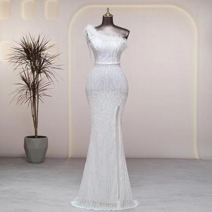 LOOK 866 SEQUIN GOWN WITH FEATHER TRIM