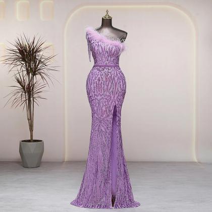 One-Shoulder Sequin Fringed High Low Evening Gown main image 0
