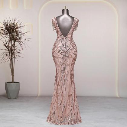 Plunging Slip Sequin Embellished Gown