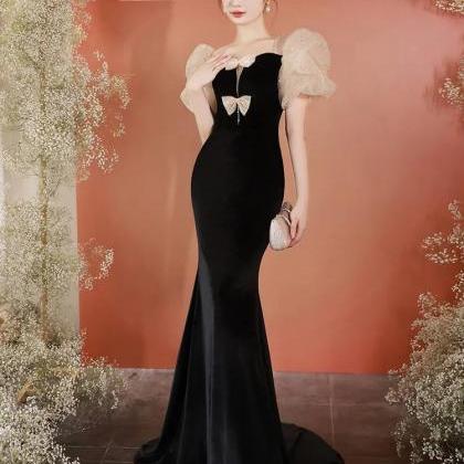 Velvet Gown With Sheer Sleeves And Bow on Luulla