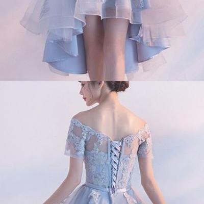 Hot Sale Short Sleeve Dresses Short Light Blue Prom Homecoming Dresses With Bandage Lace Up High-Low Fine Homecoming Dresses