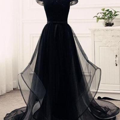 Black prom dress tulle party dress sweetheart neck evening dress off shoulder prom dress customize long ruffles evening dresses