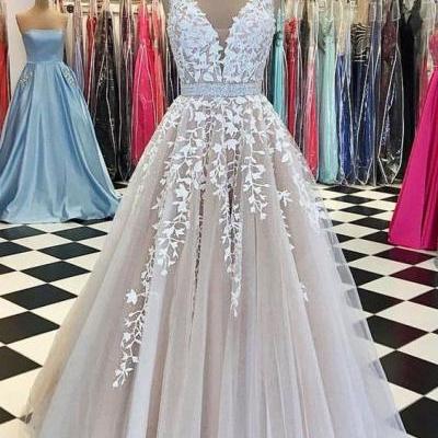 CHAMPAGNE V NECK TULLE LACE LONG WEDDING DRESS, TULLE PROM DRESS