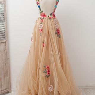 A-line Scoop Sleeveless Open Back Appliques Tulle Prom Dress with Hand-Made Flowers,