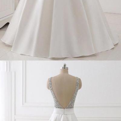 Ball Gown Deep V-Neck Sweep Train White Satin Prom Dress with Beading