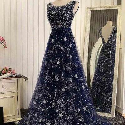Luxury blue tulle, star sequins, beaded floor-length long evening dresses