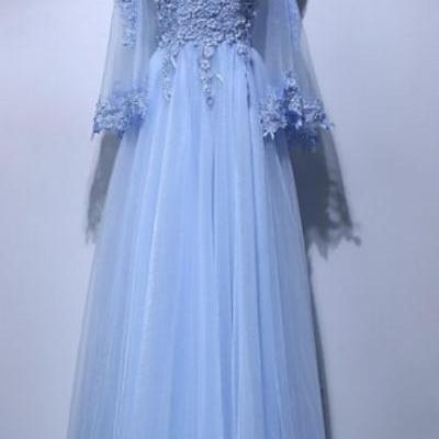 Off shoulder Evening dress light blue Lace Party dress, long sleeve tulle prom dress