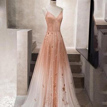 UNIQUE CHAMPAGNE TULLE LONG PROM DRESS, TULLE EVENING DRESS