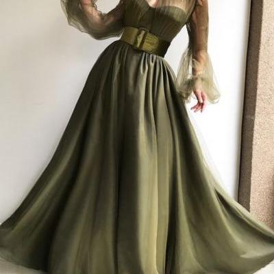 O-neck Formal Prom Dresses Long Sleeve prom dress A-line party dress Beads Celebrity Party Gowns Dubai tulle Sweep Train Evening Dress