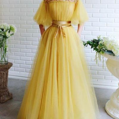 Romantic Prom Dresses a-line Ball Gown,Unique long prom dress,cute off the shoulder evening dress yellow prom dress