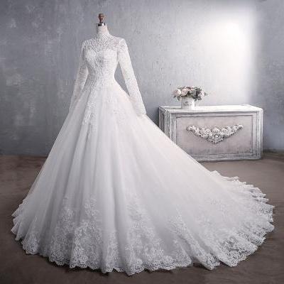 Lace wedding dress, new style, high neck long sleeve wedding dress,custom made