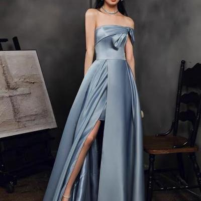 Off shoulder evening dress with pocket, noble and elegant, satin light blue, high quality. split evening dress,custom made