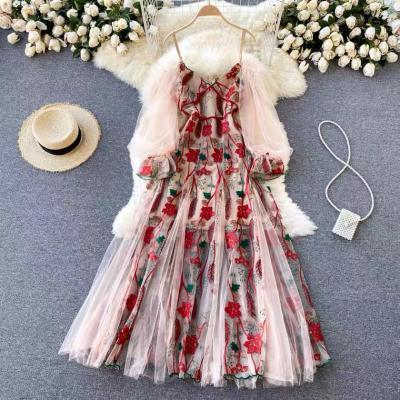 high - class halter dress, off-the-shoulder, bubble sleeves, stitched embroidered dress