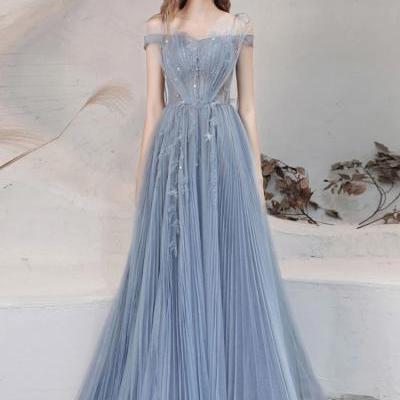 Blue tulle lace party dress,off shoulder long prom dress tulle formal dress, Custom Made