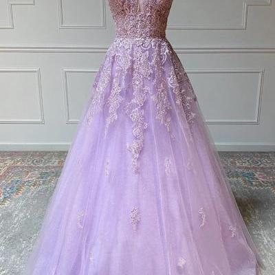 Purple Tulle Long Prom Dresses ,A-line Custom Appliques Dress, Long Party Gowns Evening Dress Custom Made