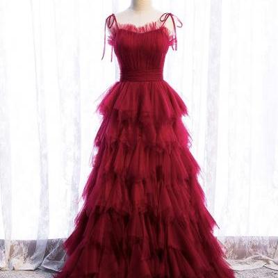Red Long Dress, Fairy Spaghetti Strap Dress, Cake Layer Dresse,Custom Made