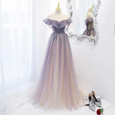 Heavy nail bead, gradient color off shoulder tulle dress, purple long prom dress,Custom Made