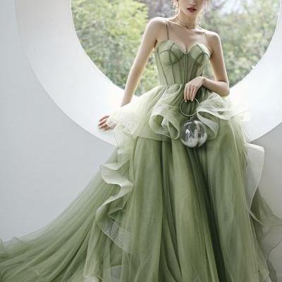 Spaghetti strap evening dress, temperament trailed socialite fairy dress, green fresh party dress, Custom Made