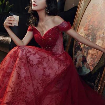 Red prom dress, temperament, noble party dress, off shoulder evening dresss,Custom made