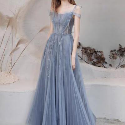 Blue evening dress, off shoulder fairy dress, light luxury socialite dress,Custom made