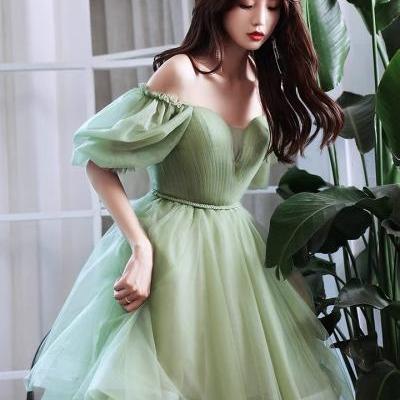 Little green evening dress, temperament, fresh birthday dress,off shoulder party dress,Custom made