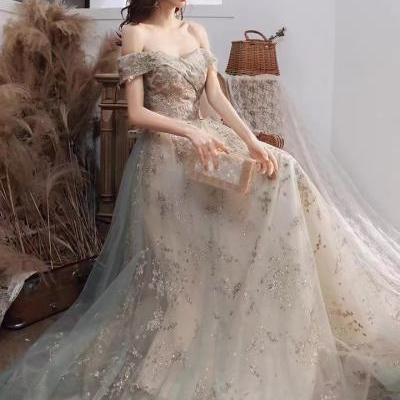 Off shoulder evening dress, light luxury, fairy temperament tulle dress,custom made