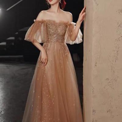 Champagne bridesmaid dresses, off shoulder prom dresses, sparkly evening gowns,custom made