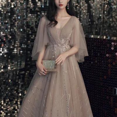 V-neck prom dress, temperament bridesmaid dress, texture evening dress,custom made