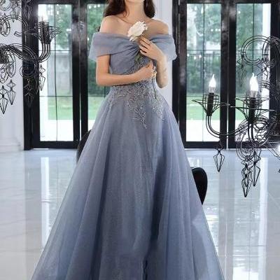 Blue prom dress,off shoulder party dress, custom made