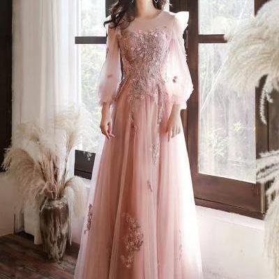 Pink party dress,fairy dress, temperament long dress,socialite applique dress,custom made