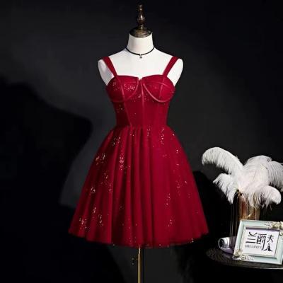 Spaghetti strap homecoming dress, sequined cute dress, red birthday dress, custom made