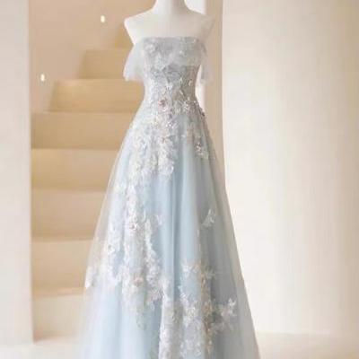 Strapless party dress,blue birthday dress,fairy midi dress with applique,custom made
