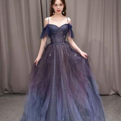 Unique Blue Beaded Prom Dress, Gradient Tulle Long Formal Dress, A-line Straps Sweetheart Tulle Prom Dress ,Custom Made