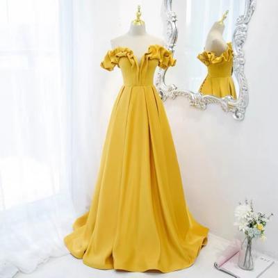 Long yellow prom dress, off shoulder fashionable temperament party dress,Custom Made