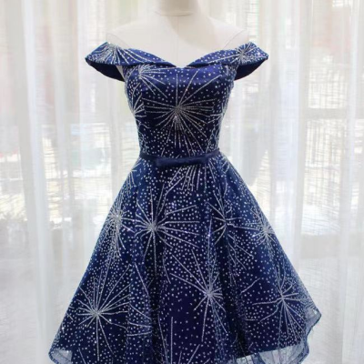 Off shoulder evening dress,navy blue party dress,glitter homecoming dress,Custom Made
