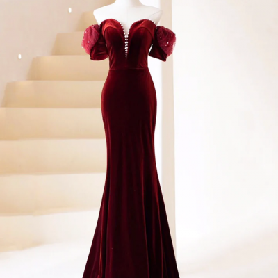 Velvet dress,off shoulder elegant dress, red dress ,sexy bodycon dress,custom made