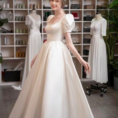 Satin light wedding dress, princess elegant long dress, white simple dress,Custom made