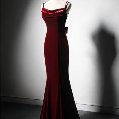 Spaghetti strap prom dress, red evening dress,velvet halter dress