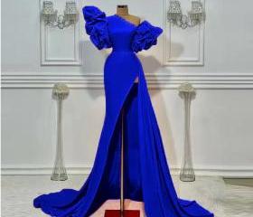 A-line One Shoulder Long Satin Gown with Pocket Royal Blue