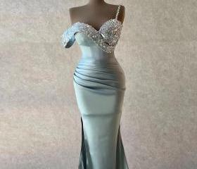A-Line One-Shoulder Long Satin evening gown Prom Dress Party Dress with Ruffles